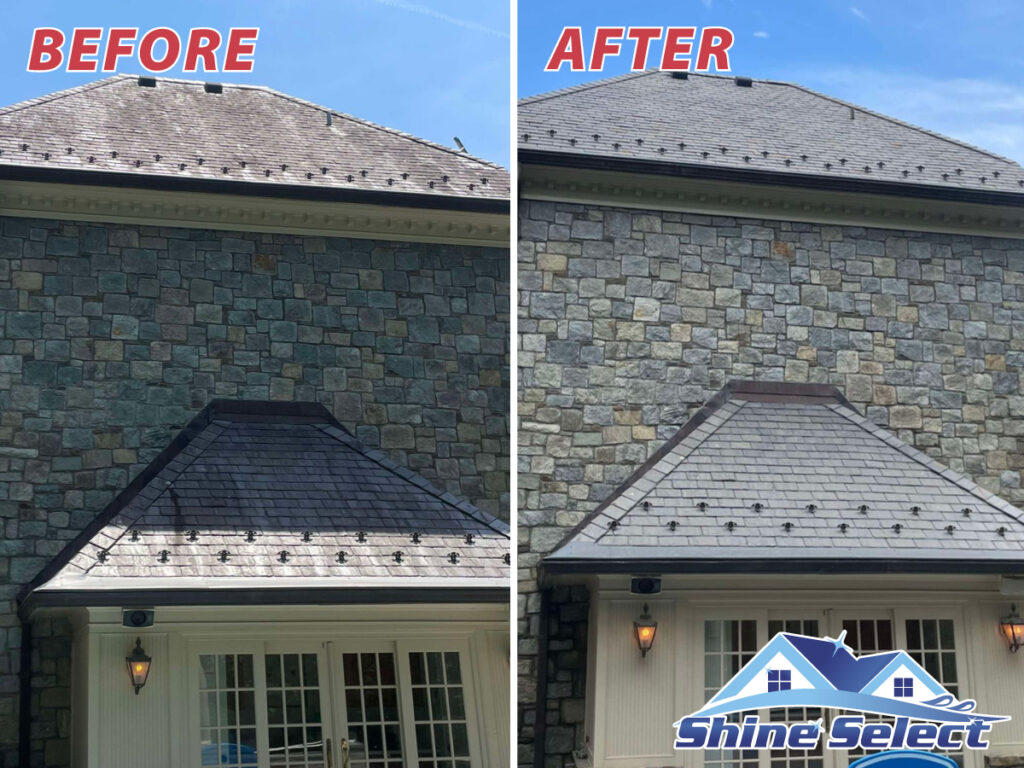 Before and After Roof Washing a Residential Home Roof Cleaning
