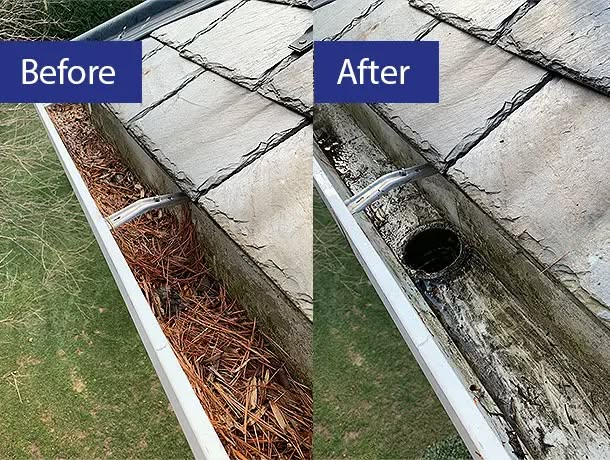 before and after image of a gutter